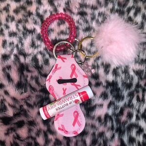 Breast Cancer Ribbon Chapstick Holder Keychain Set - Discounted Shipping